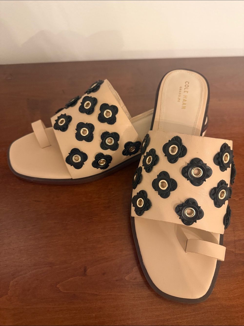 Cole Haan Nude Slide Mules With Black Floral Grommets -9.5m